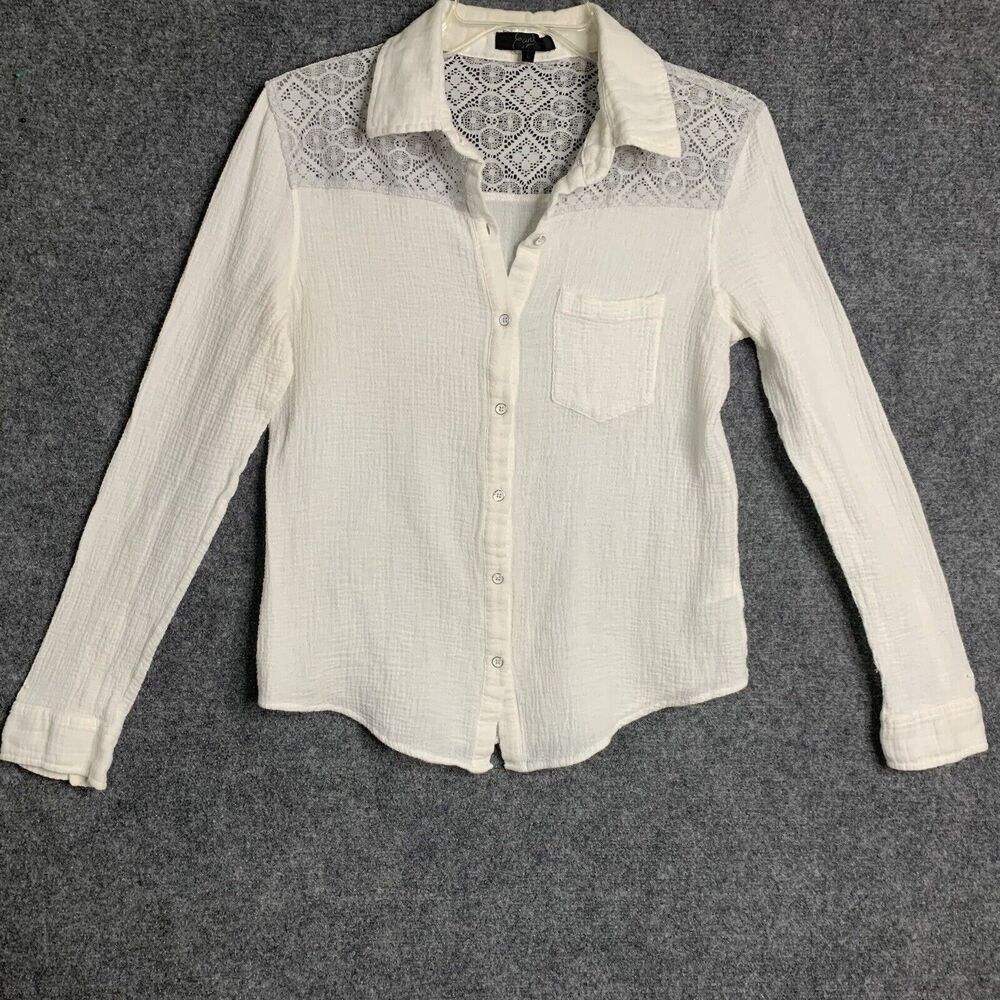 Earl Long Sleeve Button Up Shirt Jr Women L Lace Shoulders Slim Fit